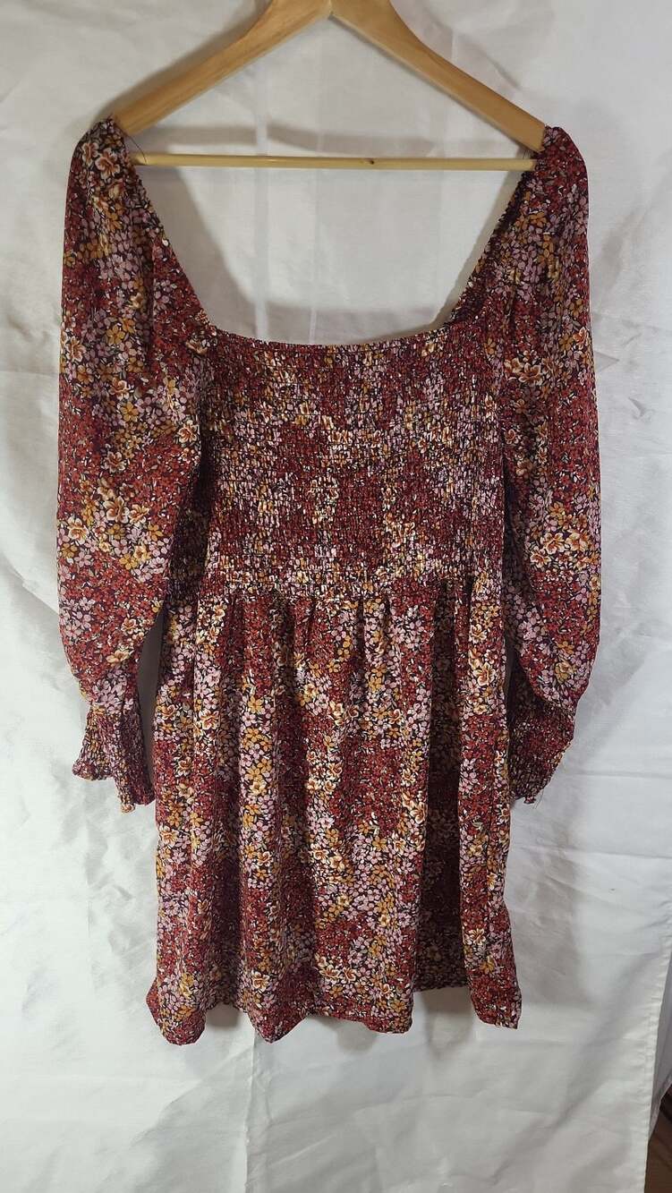 3rd + Malt Floral Smocked Bodice Long Sleeve Mini Dress XL
